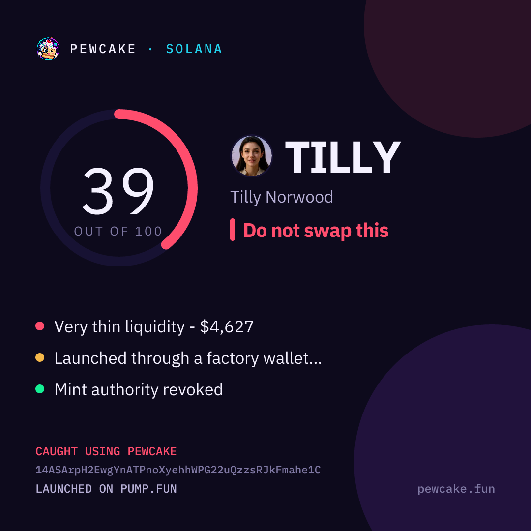 Pewcake risk card for TILLY