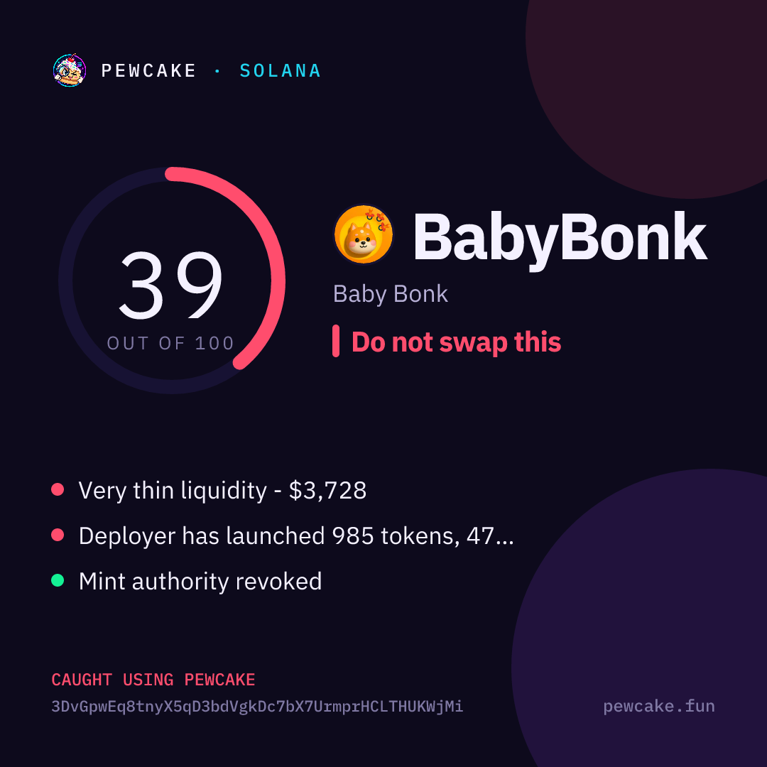 Pewcake risk card for BabyBonk
