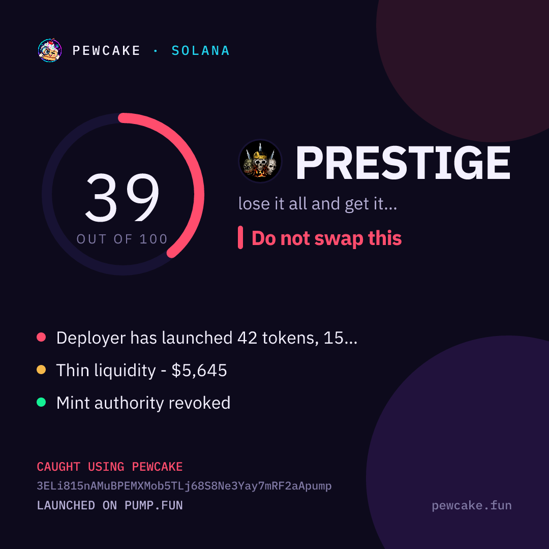Pewcake risk card for PRESTIGE