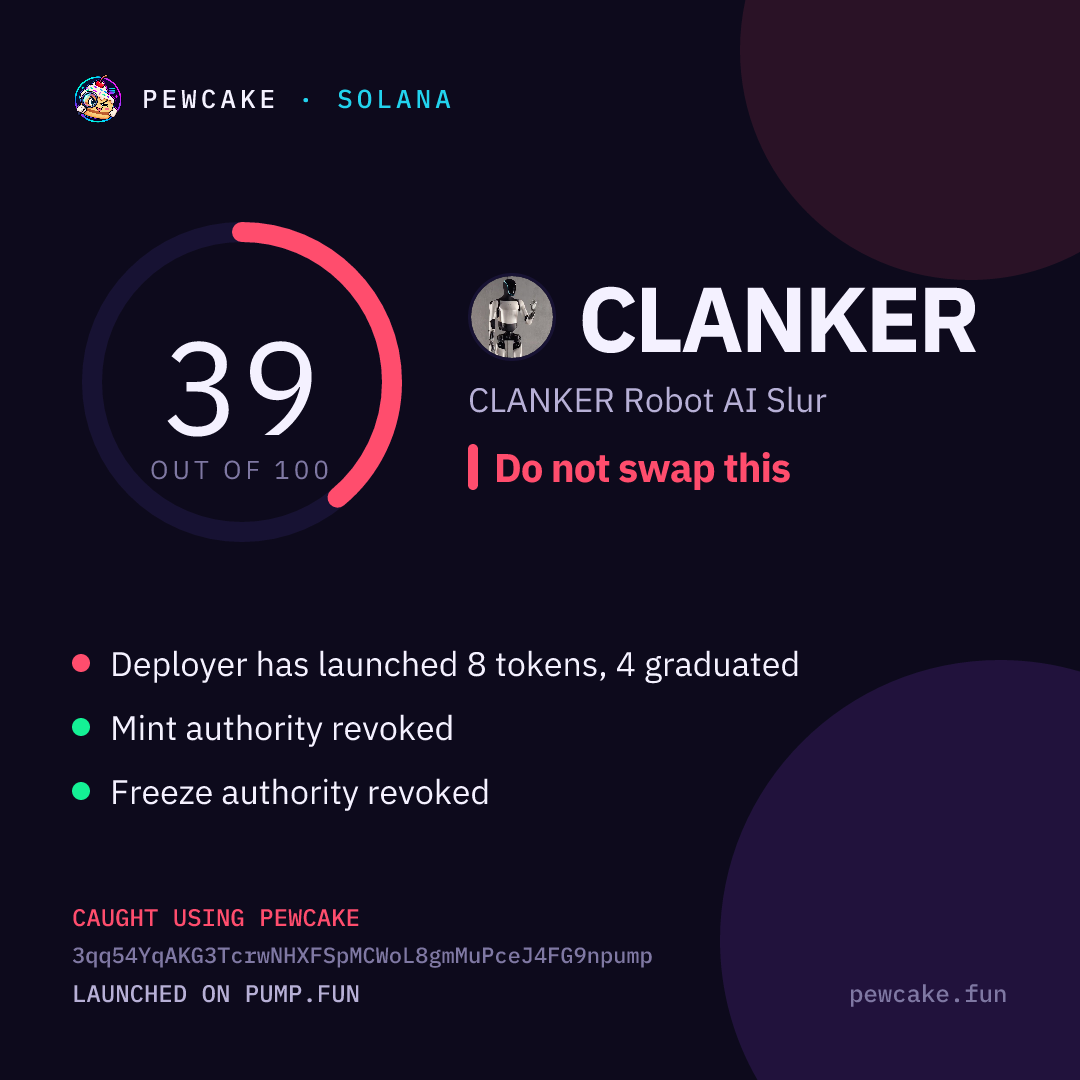 Pewcake risk card for CLANKER