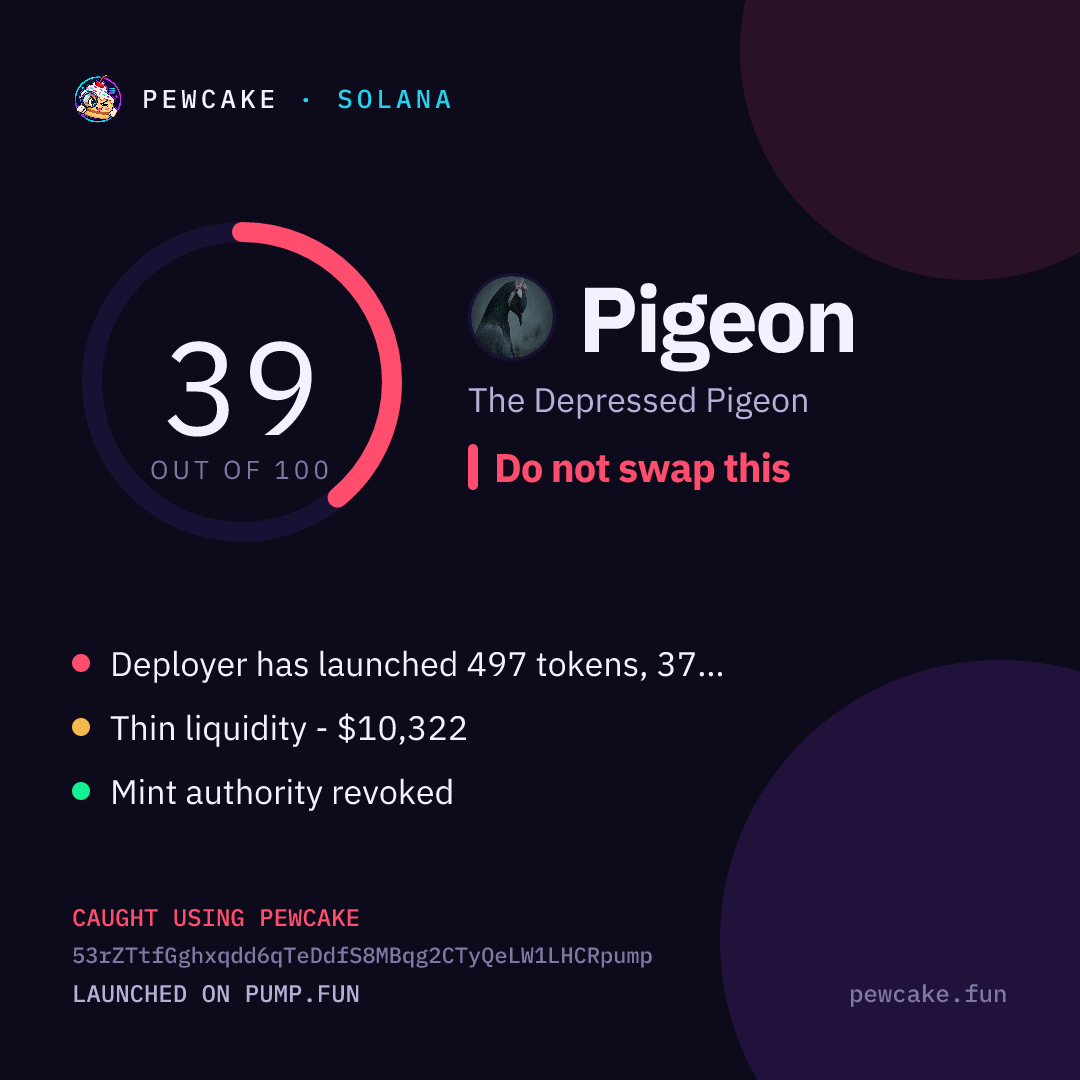 Pewcake risk card for Pigeon