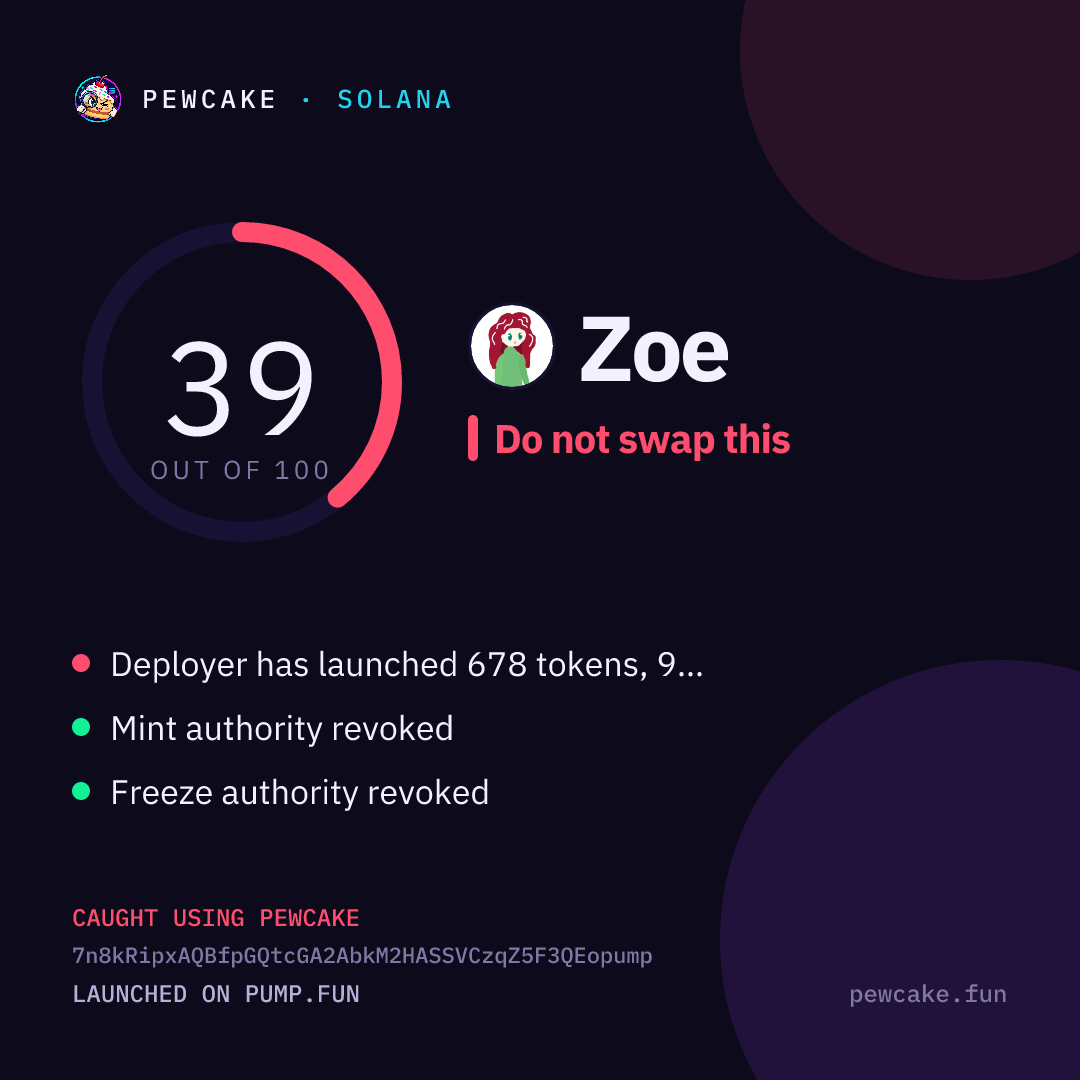 Pewcake risk card for Zoe