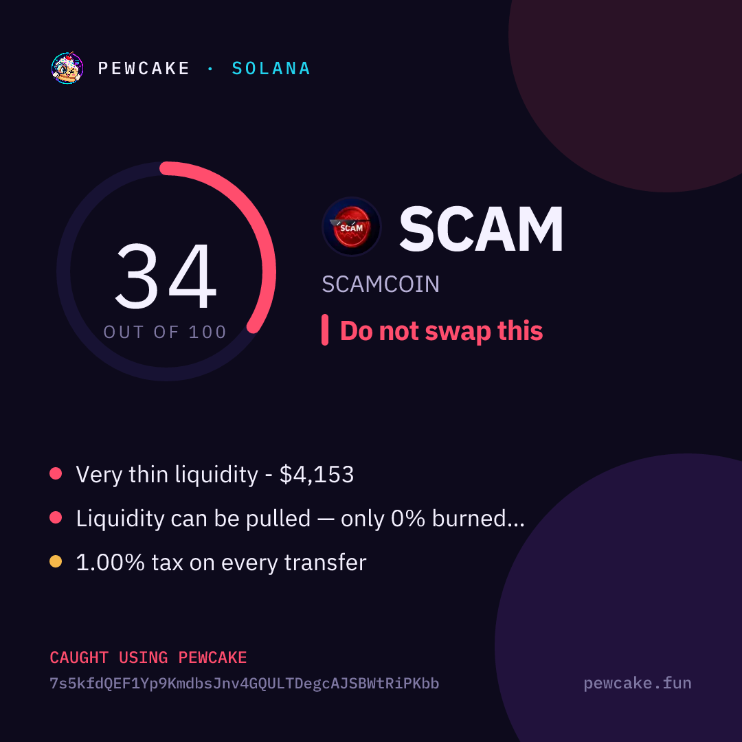 Pewcake risk card for SCAM