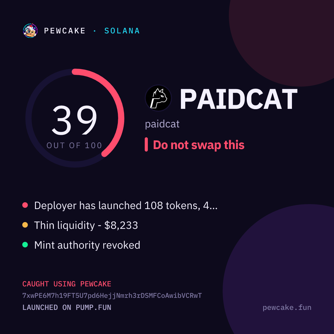 Pewcake risk card for PAIDCAT