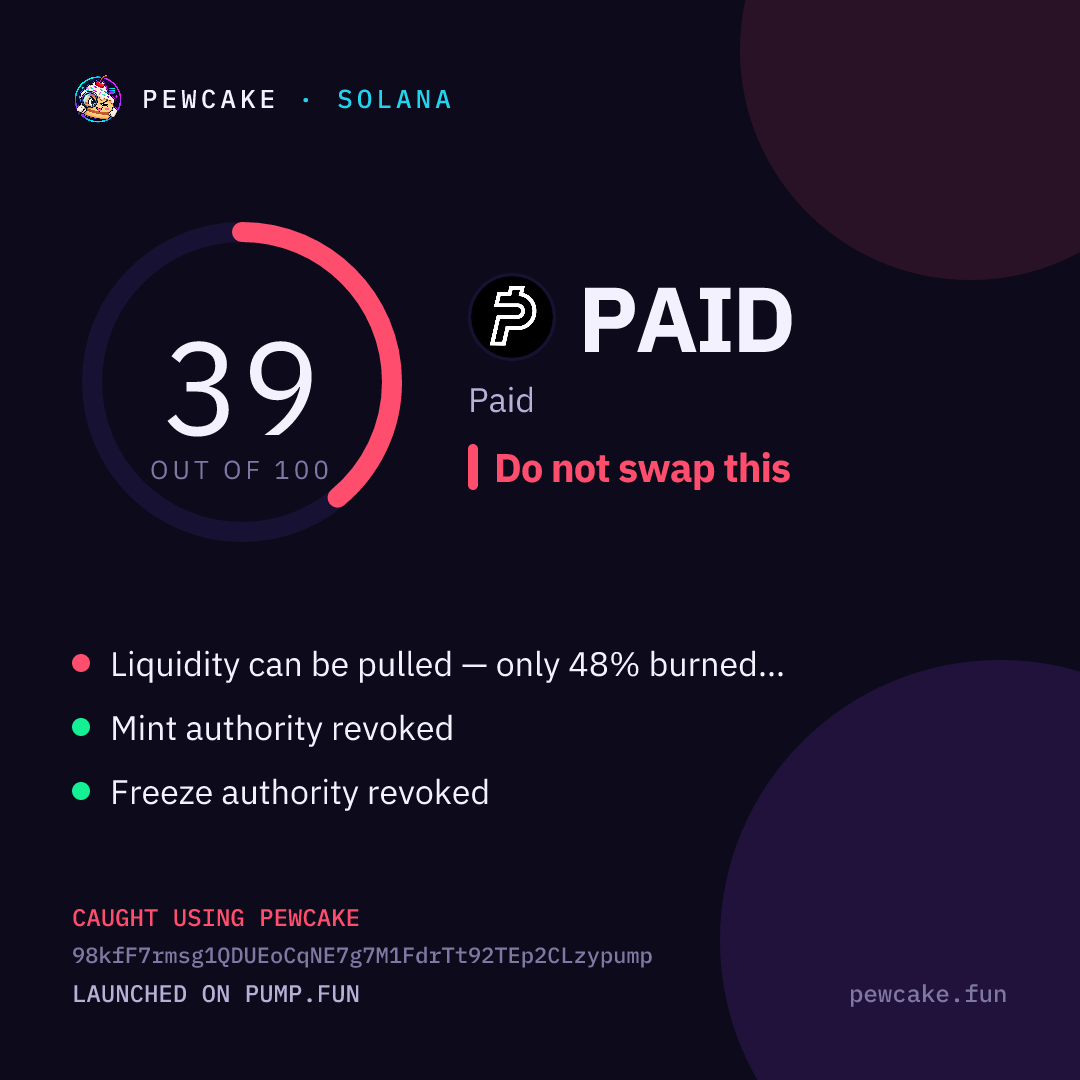 Pewcake risk card for PAID