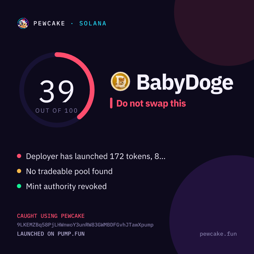 Pewcake risk card for BabyDoge