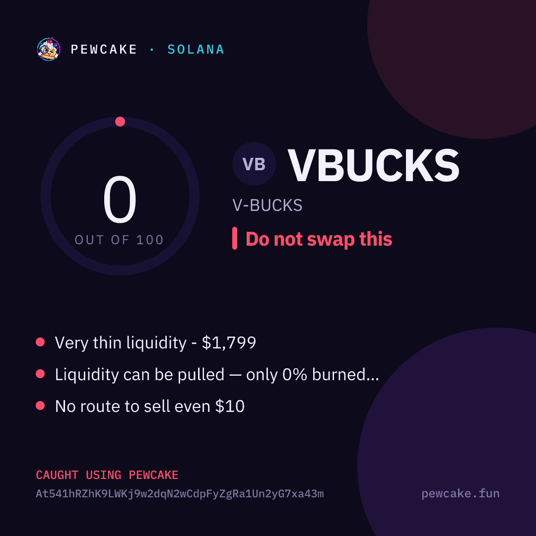 Pewcake risk card for VBUCKS