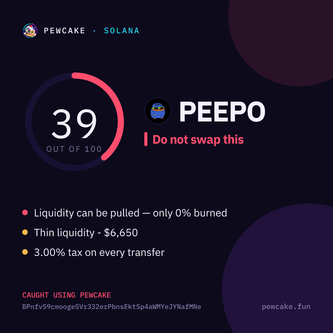 Pewcake risk card for PEEPO