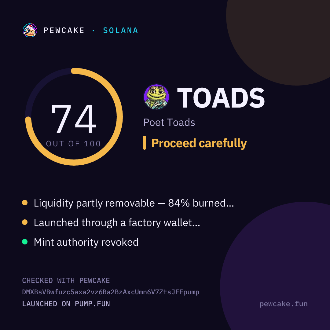 Pewcake risk card for TOADS