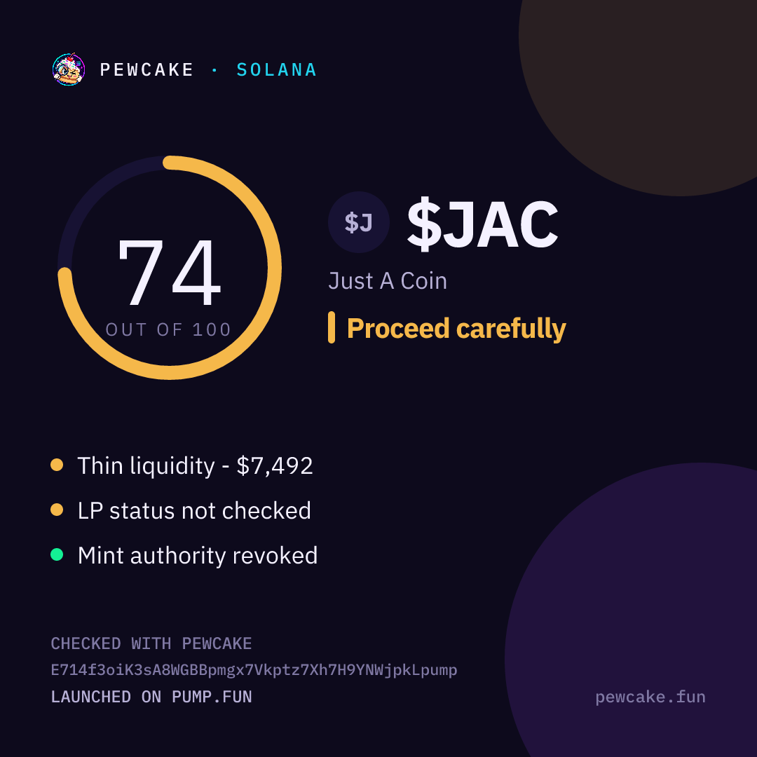 Pewcake risk card for $JAC