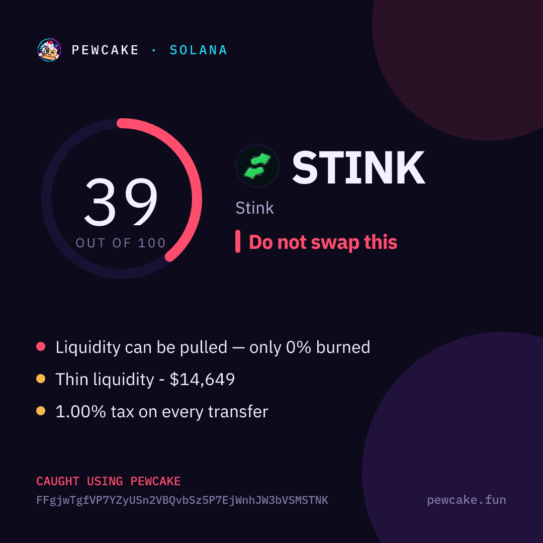 Pewcake risk card for STINK