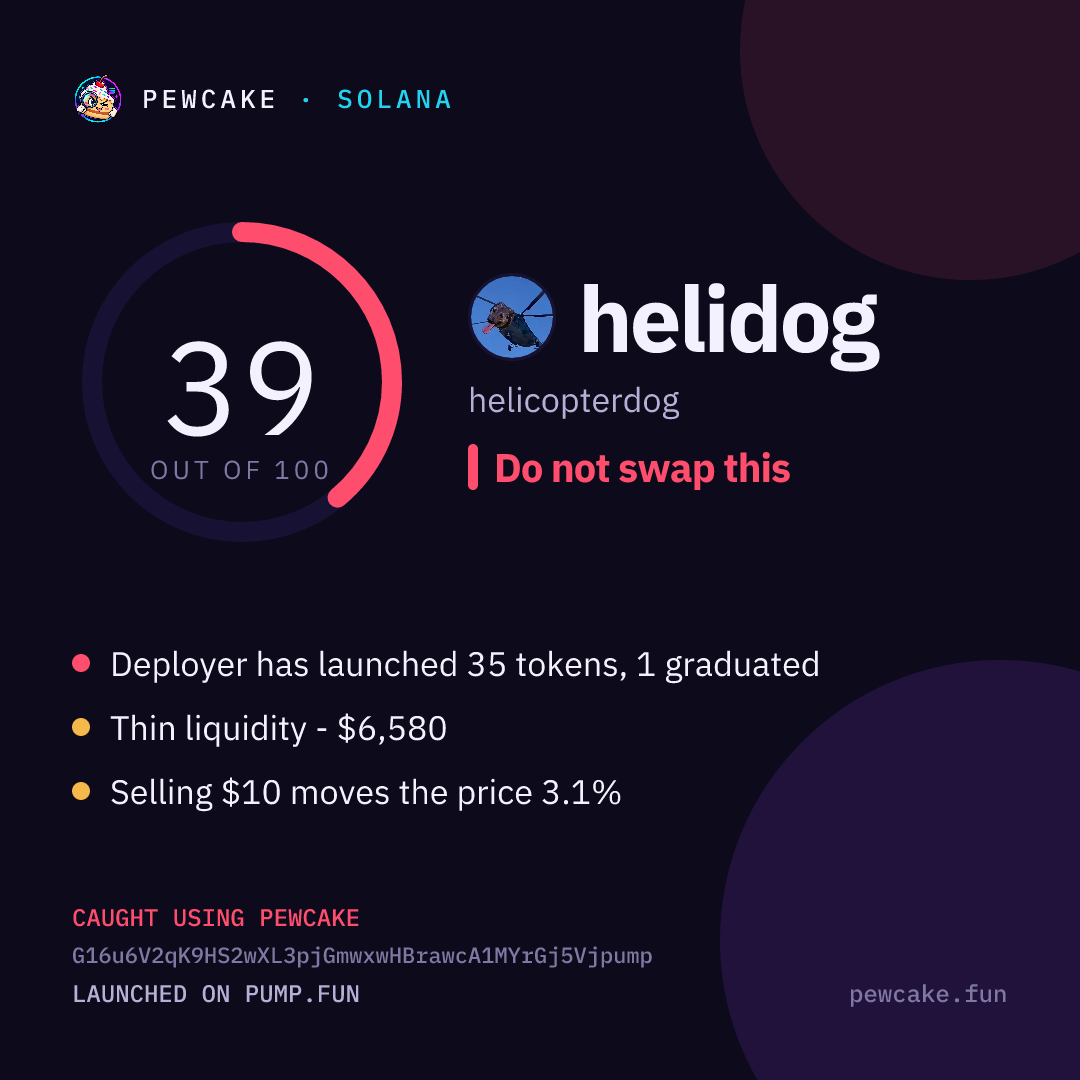 Pewcake risk card for helidog