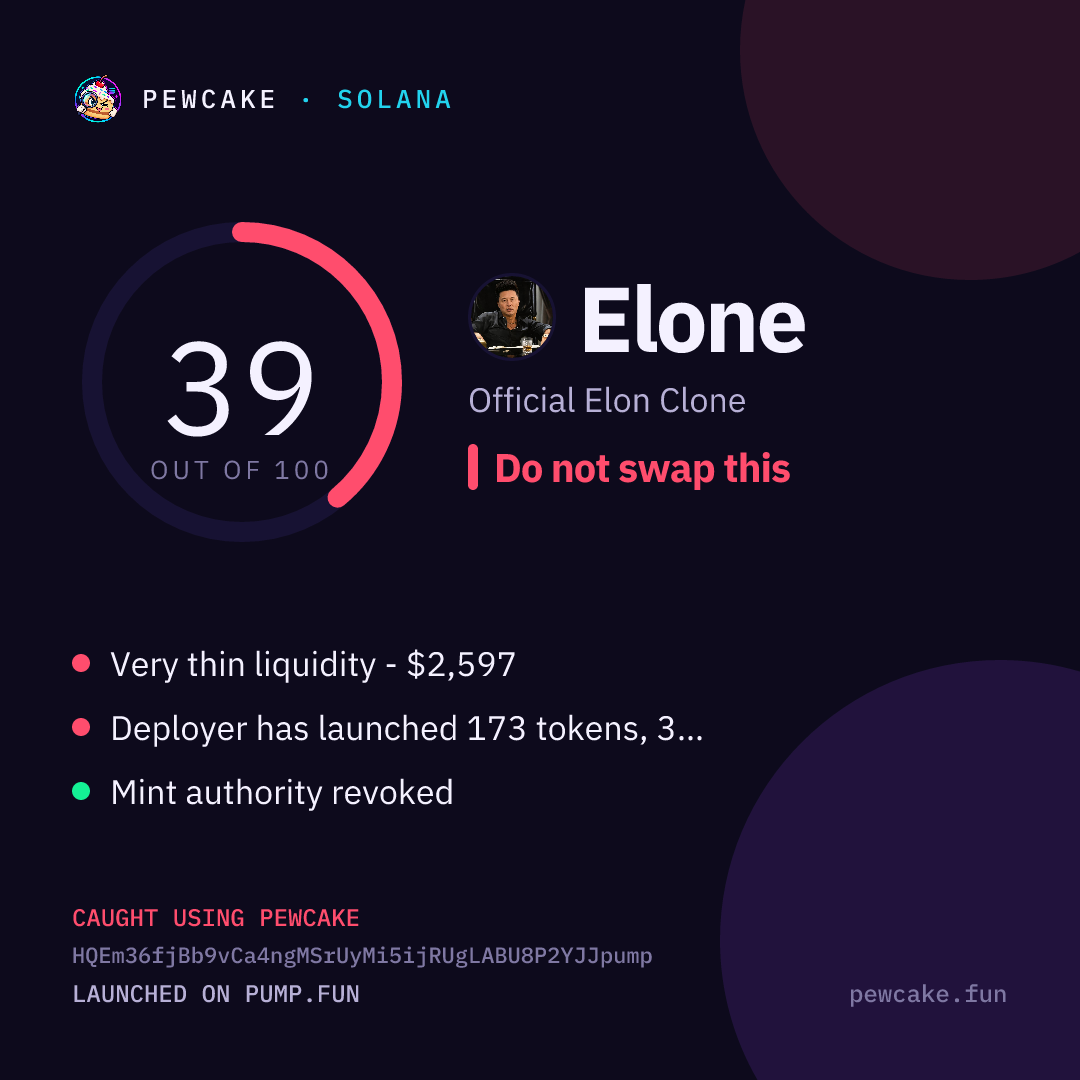 Pewcake risk card for Elone