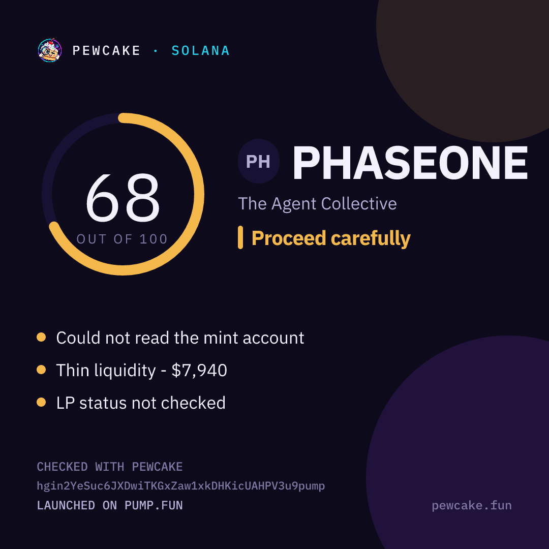 Pewcake risk card for PHASEONE
