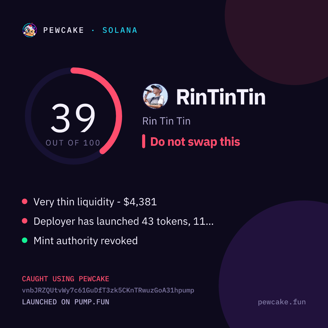 Pewcake risk card for RinTinTin